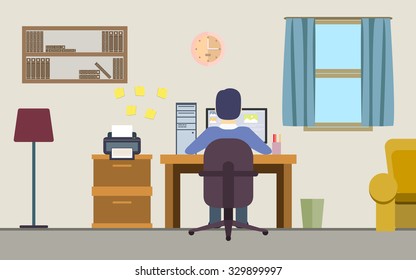 Freelancer man working on his computer at home in flat icon design background (vector)