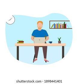 Freelancer man working remotely with computer laptop at home. Vector and illustration design.