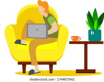 A freelancer man works behind a laptop. Home office workplace. Flat cartoon vector illustration.