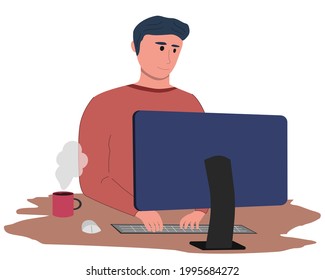 A freelancer man works behind a laptop. Home office workplace, drink coffee in the morning,Vector illustration isolated.