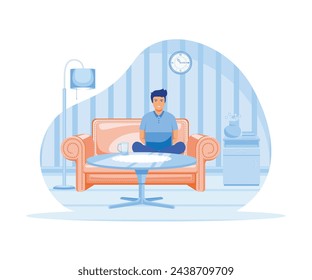 A freelancer man works behind a laptop. Home office workplace. flat vector modern illustration 