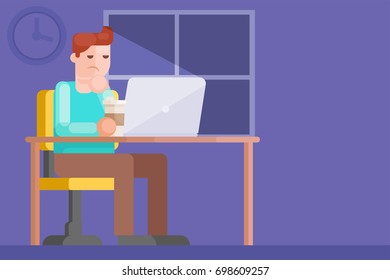 A freelancer man works for a computer at night. Vector flat illustration