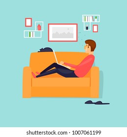 Freelancer man, works from home, sits on the couch. Flat vector illustration in cartoon style.