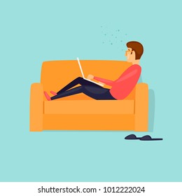 Freelancer man, works from home, sits on the couch. Flat vector illustration in cartoon style.