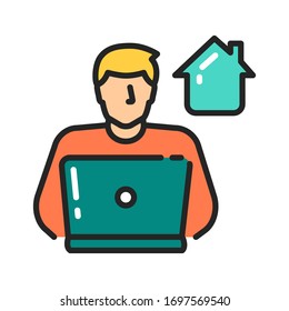 Freelancer man works on laptop color line icon. Remote work. Quarantine period. Coronavirus prevention. Pictogram for web page, mobile app, promo. Editable stroke