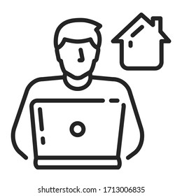 Freelancer man works on laptop black line icon. Remote work. Quarantine period. Coronavirus prevention. Pictogram for web page, mobile app, promo. Editable stroke