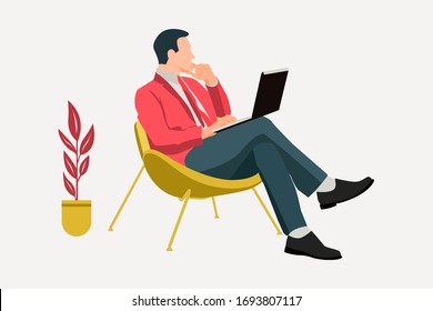 A freelancer man works remotely with laptop at Home office workplace vector Illustration