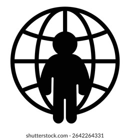 Homem Freelancer no mundo globo ícone sólido, design de recrutamento conceito. Gráficos vetoriais. Trabalhador remoto, recurso humano assina no fundo branco, estilo móvel ou design
