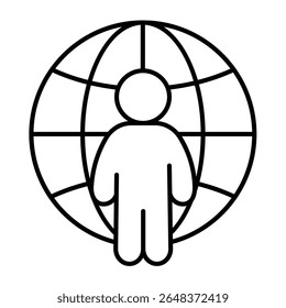 Homem Freelancer no globo mundo ícone de linha fina, design de recrutamento conceito. Gráficos vetoriais. Trabalhador remoto, recurso humano assina no fundo branco, estilo móvel ou design