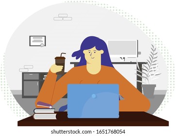 Freelancer manader developer offie worker work  laptop computer desk table web sitting sit coffee break woman girl female