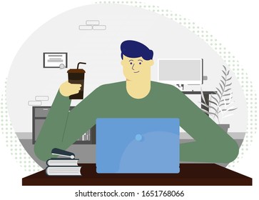 Freelancer manader developer offie worker work  laptop computer desk web sitting sit male man boy coffee