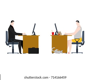 Freelancer and manager in business office. Work at home and working in job. Vector illustration
 