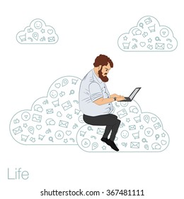 Freelancer, Manager, designer, programmer working via the Internet. Social networks and networking in cloud services and technologies. Remote teamwork through apps in web network. Vector illustration 
