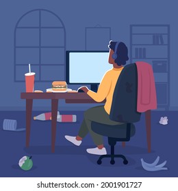 Freelancer In Messy Room Flat Color Vector Illustration. Man In Headphones At Desktop Screen With Trash On Table. Gamer At Computer 2D Cartoon Character With Bedroom Interior On Background