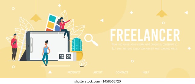 Freelancer Metaphor Landing Page Creative Template. Application for People Enjoy Remote Work. Cartoon Man and Women Characters, Huge Digital Screen, Cactus in Pot, Calendar. Vector Flat Illustration