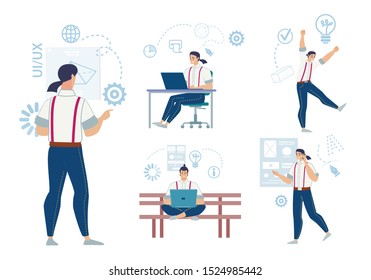 Freelancer, Modern IT Company Employee Daily Work Isolated, Trendy Flat Vector Concepts Set. Young Man Character Working on Project at Laptop, Calling Clients, Excited Because Good Idea Illustrations