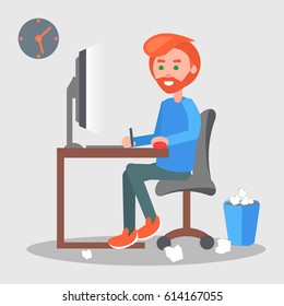 Freelancer at modern workplace. Red-haired men cartoon characters seating at the table and working on computer flat vector. Digital painter or artist drawing on digital tablet at home illustration