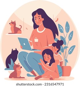 A freelancer mom working online, Mother work from home. Working mom, happy busy freelancer holding baby. Flat woman sitting computer desk talk phone swanky vector concept