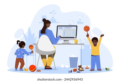 Concepto de madre freelancer. Mujer sentada en la computadora con niño y niña en interiores. Trabajador remoto en el trabajo. Madre con hijo e hija. Ilustración plana del vector de la historieta aislada sobre fondo blanco