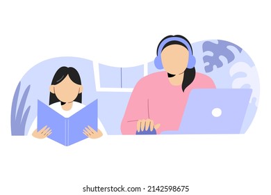 Freelancer mother working at home using laptop, headphones while her daughter sitting reading a book doing homework, asian freelancer woman multitasking, remote job at home office, vector illustration