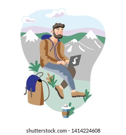 Freelancer in mountains flat vector illustration. Cartoon man, hiker, traveler, tourist preparing blog post, vlog. Freelance reporter, journalist, writer on vacation, recreation isolated character