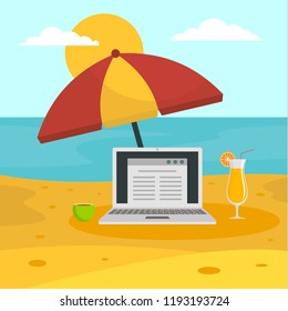 Freelancer notebook at beach concept background. Flat illustration of freelancer notebook at beach vector concept background for web design