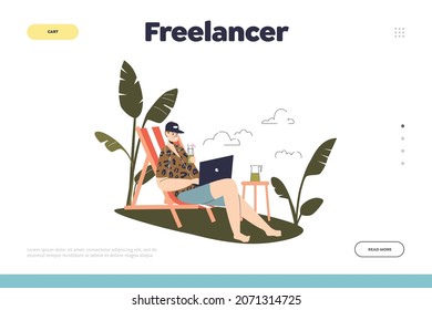 Freelancer occupation for business concept of landing page with young man with cocktail work on beach on laptop computer. Freelance guy busy online remotely. Cartoon flat vector illustration
