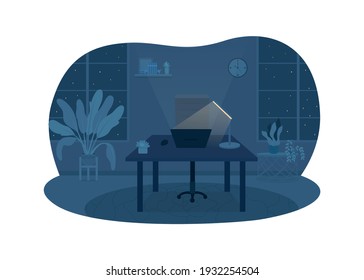 Freelancer office at night 2D vector web banner, poster. Desk with lamp, laptop. Home workplace at late flat scene on cartoon background. Stay overnight for work printable patch, colorful web element