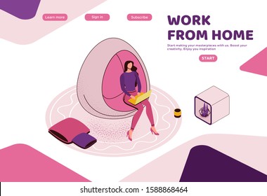 Freelancer  in office, woman with laptop in co working space sitting in hanging egg chair, modern interior design, graphic vector illustration, landing page template