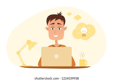 Freelancer. Office work and remote work, freelance. Young happy man working at his laptop. Vector illustration in flat style.