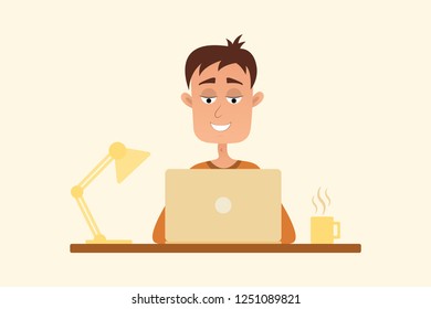 Freelancer. Office work and remote work, freelance. Young happy man working at his laptop. Vector illustration in flat style.
