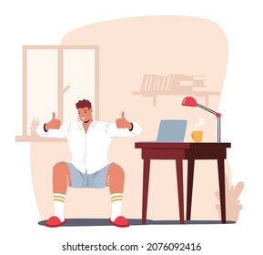 Freelancer or Office Worker Exercising at Workplace. Male Character Doing Workout at Work Place Squatting and Stretching Legs while Work on Laptop, Health Care, Sport. Cartoon Vector Illustration