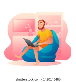 Freelancer on bag chair flat vector illustration. Cartoon character working on laptop isolated drawing. Smiling man work at home. Online freelance job. Remote satisfied employee, home office