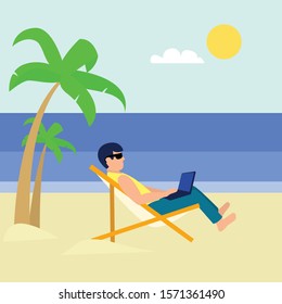 Freelancer on beach chair concept banner. Flat illustration of freelancer on beach chair vector concept banner for web design