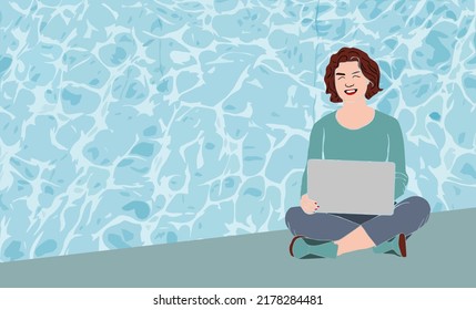 Freelancer on rest colorful vector illustration of woman programmer lying in rubber circle with laptop, abstract swimming pool and working lady 3D icon