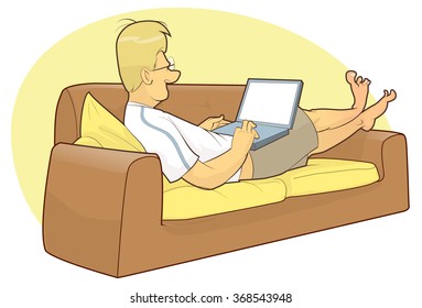 freelancer on sofa with laptop working cartoon vector illustration lonely grand farther at home using device telecommunication watching movies shorts lying stretching legs quite night internet chat