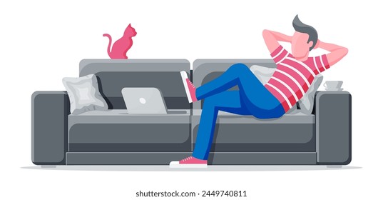 Freelancer on sofa working at home with laptop computer. Man sitting on chair with notebook for work from home. Guy chilling on couch. Hipster character in jeans and t-shirt. Flat vector illustration