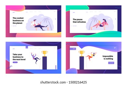 Freelancer on Summer Vacation, Goal Achievement Website Landing Page Set. Business People Working on Laptop Sitting on Seaside. Pole Vaulting for Cup Web Page Banner. Cartoon Flat Vector Illustration