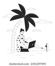 Freelancer on vacation bw concept vector spot illustration. Caucasian man with laptop working 2D cartoon flat line monochromatic character for web UI design. Editable isolated outline hero image