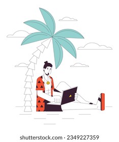 Freelancer on vacation flat line concept vector spot illustration. Caucasian man with laptop working 2D cartoon outline character on white for web UI design. Editable isolated color hero image