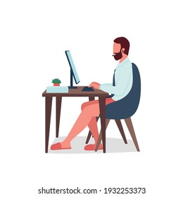 Freelancer on video call with no pants flat color vector faceless character. Businessman at desk. Remote work flexibility isolated cartoon illustration for web graphic design and animation