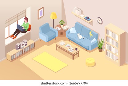 Freelancer on windowsill using notebook for doing remote job. Isometric vector living room with woman near window working at laptop. Home office for female business concept. Comfortable workplace