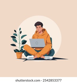 Freelancer em Orange Hoodie usando laptop com plantas ao redor Nômada digital relaxado com laptop em espaço de trabalho minimalista moderno.