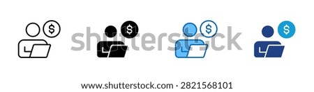 Freelancer Payment Account Multiple Style Icon Design Vector - User figure with coin and laptop representing freelancer payment, employee earnings management, and remote worker financial account