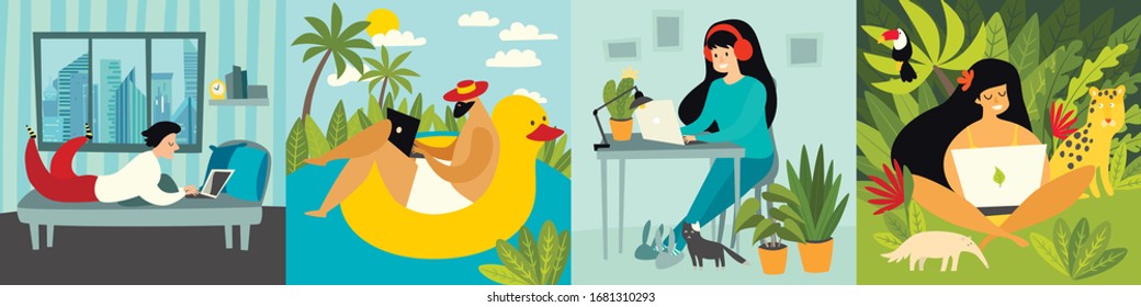 Personas independientes con colección de ilustraciones vectoriales de trabajo en portátiles