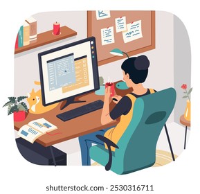 Freelancer person working on computer at home. Woman using desktop online sitting at desk drinking coffee in room. Freelance work, distance workplace, home office flat vector character illustration