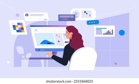 Freelancer person working on computer at home. Woman using desktop online sitting at desk drinking coffee in room. Freelance work, distance workplace, home office flat vector character illustration.