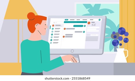 
Freelancer person working on computer at home. Woman using desktop online sitting at desk drinking coffee in room. Freelance work, distance workplace, home office flat vector character illustration.