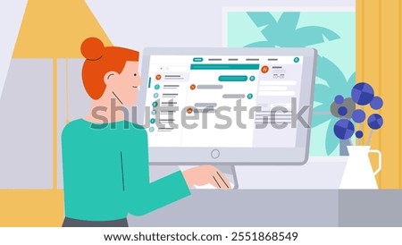 
Freelancer person working on computer at home. Woman using desktop online sitting at desk drinking coffee in room. Freelance work, distance workplace, home office flat vector character illustration.