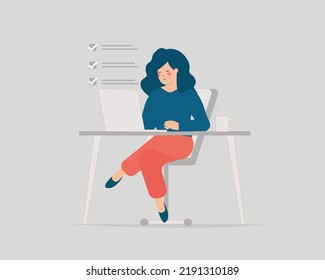 Freelancer or professional office female employee works using her laptop. Happy woman learning new skill online. Concept of remote job and business. Vector illustration